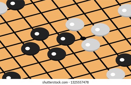 Close Up View of Black and White Stones on Board Game "Go" - Vector Illustration