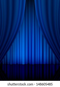 Close view of a blue curtain. Vector illustration.