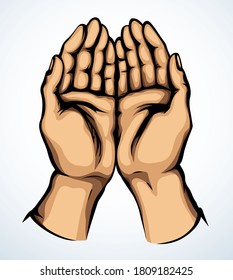 Close up view body palm help charity care gesture white text space. Lord show care concept line logo pictogram. Outline black drawn old male monk thank fold emblem design retro art bible cartoon style