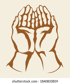 Close up view body palm help charity care gesture white text space. Lord show care concept line logo pictogram. Outline black drawn old male monk thank fold emblem design retro art bible cartoon style