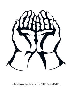 Close up view body palm help charity care gesture white text space. Lord show care concept line logo pictogram. Outline black drawn old male monk thank fold emblem design retro art bible cartoon style