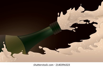Close up view of bottle spilling frothy champagne over dark background.