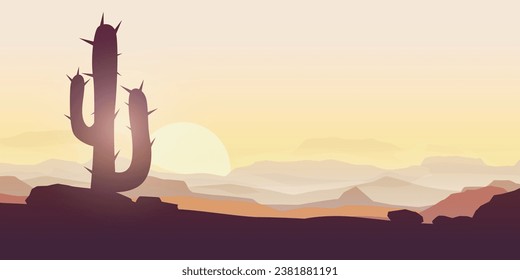 close view cactus panoramic landscape at sunset