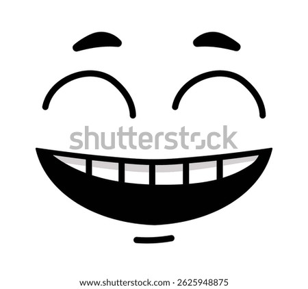 Close up view of a cheerful cartoon face, featuring a wide open mouth and bright smile, showcasing teeth while laughing joyfully, radiating pure amusement and happiness
