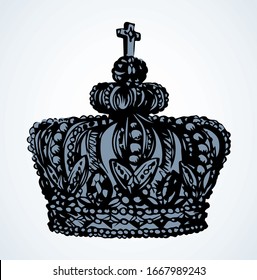 Close up view classic luxury wealth noble corona hat award. White text space. Art doodle engrave line ornament style outline black ink hand drawn rich precious tiara logo pictogram emblem decor design