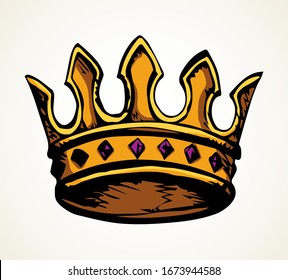 Close up view classic luxury wealth noble corona hat award. White text space. Art doodle engrave line ornament style outline black ink hand drawn rich precious tiara logo pictogram emblem decor design