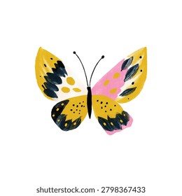 Close up view of a colorful butterfly showing yellow pink and black wings