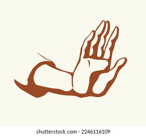 Close up view cool girl body five finger thumb signal idea set white paper text space. Closeup outline black ink pen drawn danger bad male conflict logo emblem old line sketch retro art cartoon style