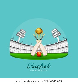 Close view of cricket bat with ball and champion trophy illustration on stadium view background for Cricket Championship concept. 