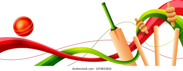 Close view of a cricket wickets, bat and ball on white background. Web header or banner design.