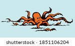 Close up view danger Devilfish common, old giant reef beast predator. White paper text space backdrop. Outline dark black ink pen hand drawn zoo picture emblem design. Retro art doodle engrave style
