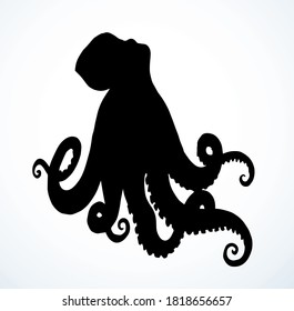 Close up view danger Devilfish common, old giant reef beast  predator. White paper text space backdrop. Outline dark black ink pen hand drawn zoo picture emblem design. Retro art doodle engrave style