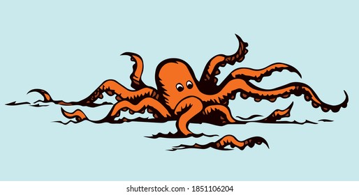 Close up view danger Devilfish common, old giant reef beast predator. White paper text space backdrop. Outline dark black ink pen hand drawn zoo picture emblem design. Retro art doodle engrave style