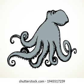 Close up view danger Devilfish common, old giant reef beast  predator. White paper text space backdrop. Outline dark black ink pen hand drawn zoo picture emblem design. Retro art doodle engrave style