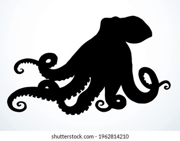 Close up view danger Devilfish common, old giant reef beast  predator. White paper text space backdrop. Outline dark black ink pen hand drawn zoo picture emblem design. Retro art doodle engrave style