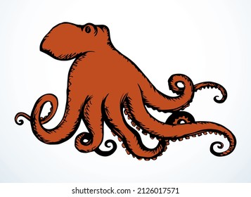 Close up view danger Devilfish common, old giant reef beast  predator. White paper text space backdrop. Outline dark black ink pen hand drawn zoo picture emblem design. Retro art doodle engrave style