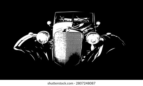 Close up view dark 30 ancient antica past time age city road street ride taxi show fast speed race mode open window round curve cab fender shape. Closeup 40 glossy shiny chrome cabrio coupe body hot rod detail rare german Benz museum design icon sign