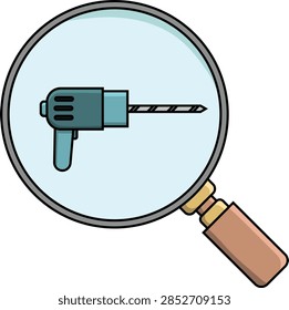 A close up view of a drill bit and drill head seen through a magnifying glass lens