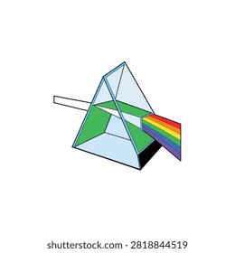 Close up view of faceted glass surfaces and refracted light exit beam on a geometric prism for optics technology.