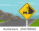 Close up view of falling rocks road or traffic sign. Landslides and rockfalls on the road in the mountains. Flat vector illustration template.