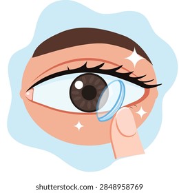 Close up view of finger inserting clear soft contact lens gently into open human eye.