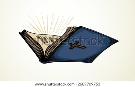 Close up view Grunge sacred cathol age god prayer note pad cover closeup light white sky text space Outline black ink pen hand drawn science album logo emblem banner doodle line retro biblic art style