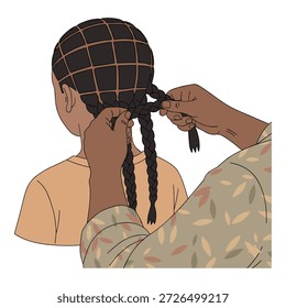 Vista de perto das mãos criando tranças de cabelo africanas tradicionais em pessoa com pele escura, penteado cultural
