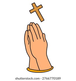 A close up view of hands praying with the holy sign nearby