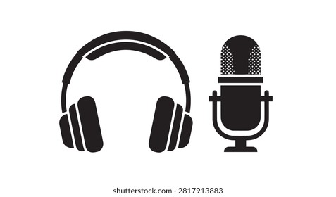 Close up view of headphones and microphone used for studio recording and audio capture