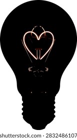 A close up view of a heart shaped light bulb filament glowing inside a black silhouette of a classic incandescent bulb