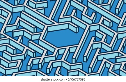 Close Up View of Hexagon Shape Maze / Labyrinth in Isometric View - Vector Illustration