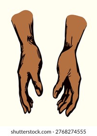 Close up view holy Lord Jesus Christ faith 2 body palm point show bless mercie concept logo text space. Outline black ink pen line drawn old fold spa choice emblem retro bible art doodle cartoon style