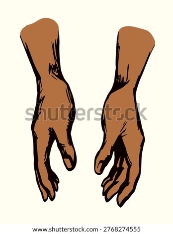Close up view holy Lord Jesus Christ faith 2 body palm point show bless mercie concept logo text space. Outline black ink pen line drawn old fold spa choice emblem retro bible art doodle cartoon style