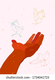 Close up view of a human hand palm up with flying birds. Birds feeding. Concept of wellness and calm. Flat vector illustration, hand graphic