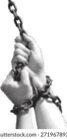 Vista de cerca de las manos humanas fuertemente unidas por cadenas de metal pesado contra un fondo blanco crudo