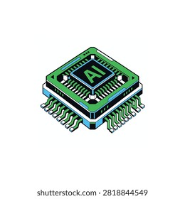 Close up view of intricate metallic circuit traces and contact pins on an artificial intelligence processor microchip.