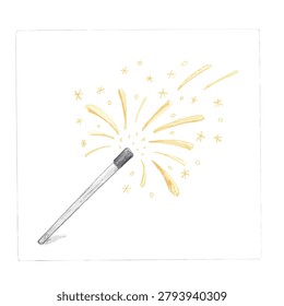 A close up view of a lit sparkler emitting bright golden sparks against a clean white background.