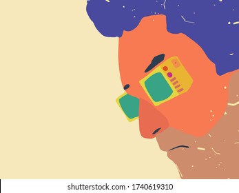 Close Up View Of Man's Face With TVs In The Eye Place. The Conception Of Addiction To Watching The News, Media Hypnosis, Zombification By The TV. Hand Drawn Vector Illustration