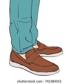 Close up view of man's legs wearing fashion leather shoes and jeans, Vector illustration isolated on white background