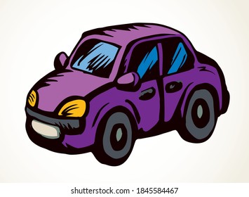 Close up view modern city fast electric mode robot cab sedan shape. Light paper text space backdrop. Outline black hand drawn old childish mechanic object emblem design in retro art doodle comic style
