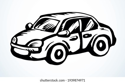 Close up view modern city fast electric mode robot cab sedan shape. Light paper text space backdrop. Outline black hand drawn old childish mechanic object emblem design in retro art doodle comic style