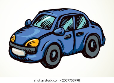 Close up view modern city fast electric mode robot cab sedan shape. Light paper text space backdrop. Outline black hand drawn old childish mechanic object emblem design in retro art doodle comic style