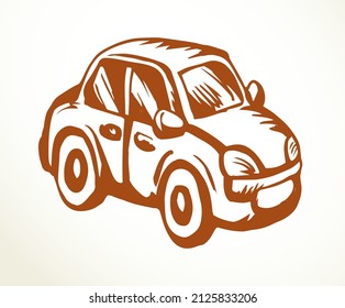 Close up view modern city fast electric mode robot cab sedan shape. Light paper text space backdrop. Outline black hand drawn old childish mechanic object emblem design in retro art doodle comic style