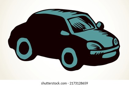 Close up view modern city fast electric mode robot cab sedan shape. Light paper text space backdrop. Outline black hand drawn old childish mechanic object emblem design in retro art doodle comic style