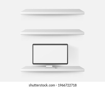 Close up view of modern workspace with blank screen computer, office supplies, decoration and shelf on white desk with white wall background
