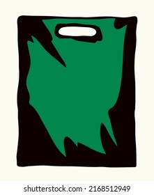 Close up view new blank line reuse sack trash bin. Tote add empty hold light text space backdrop. Outline black hand drawn food wrap pack concept logo design modern art doodle print brand label style