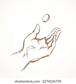 Close up view old age jewish male palm arm catch shot flip true bet head tail line icon white sky Outline black drawn crisis fate die win fun hope idea girl prayer pray ask bible god vector art sketch