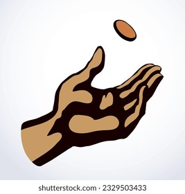 Close up view old age jewish male palm arm catch shot flip true bet head tail line icon white sky. Outlin black drawn crisis fate die win fun hope idea girl prayer pray ask bible god vector art sketch