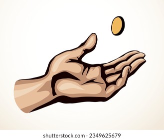 Close up view old age jewish male palm arm catch shot flip true bet head tail line icon white sky. Outlin black drawn crisis fate die win fun hope idea girl prayer pray ask bible god vector art sketch