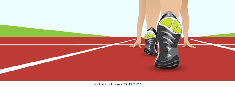 Close Up View On Athlete Runner Starting At Wite Start Line On A Red Stadium Road. Sole Of Trainer Shoes. Consept Of The Beginning, Healthy Lifestyle, Sport Or Carrier Goals. Horizontal Vector Banner.